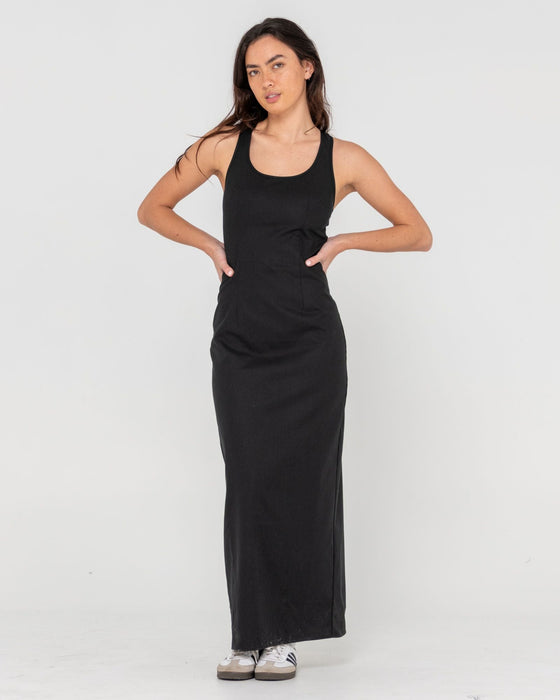 woman-wearing-cross-back-maxi-dress-in-black