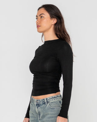 Woman wearing Plain Jane Ruched Long Sleeve Top in Black