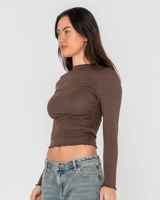 Woman wearing Plain Jane Ruched Long Sleeve Top in Java