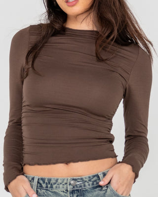 Woman wearing Plain Jane Ruched Long Sleeve Top in Java