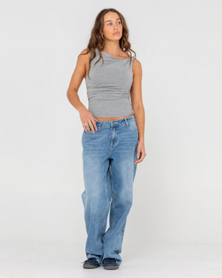 Woman wearing Nightfall Asymmetric Skimmer Top in Ecru Marle