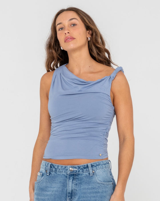 woman-wearing-nightfall-asymmetric-skimmer-top-in-glacier-lake