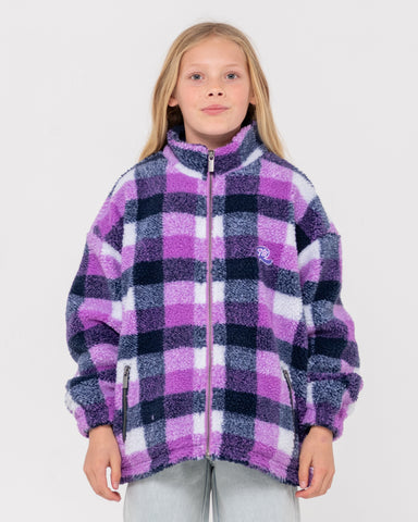 Girl wearing Low Tides Zip Through Sherpa Fleece Girl in Purple