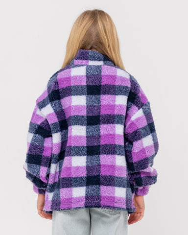 Girl wearing Low Tides Zip Through Sherpa Fleece Girl in Purple