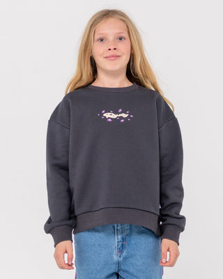 Girl wearing Wildflower Relaxed Crew Fleece Girls in Carbon