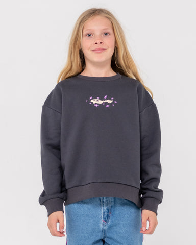 Girl wearing Wildflower Relaxed Crew Fleece Girls in Grey