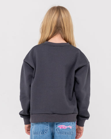 Girl wearing Wildflower Relaxed Crew Fleece Girls in Grey