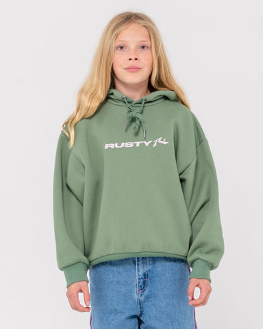 Girl wearing Rusty Essentials Hooded Fleece Girls in Green