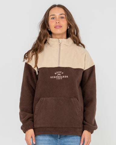 Woman wearing Central Division Crew Polar Fleece in Brown