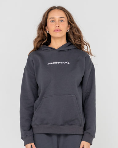 Woman wearing Rusty Essentials Oversized Hooded Fleece in Grey