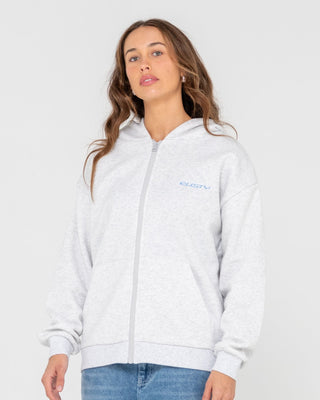 Woman wearing Flip Mommy Oversize Zip Hooded Fleece in Ecru Marle