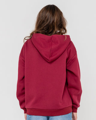 Woman wearing Flip Mommy Oversize Zip Hooded Fleece in Rhubarb