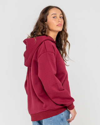 Woman wearing Flip Mommy Oversize Zip Hooded Fleece in Rhubarb