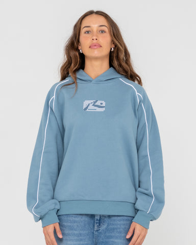 Woman wearing Digi Oversized Hooded Fleece in Blue