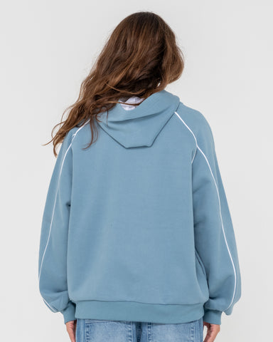 Woman wearing Digi Oversized Hooded Fleece in Blue