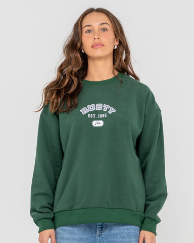 Woman wearing College Dropout Oversized Crew Fleece in Green