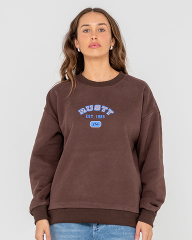 Woman wearing College Dropout Oversized Crew Fleece in Brown