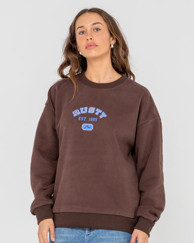 Woman wearing College Dropout Oversized Crew Fleece in Brown