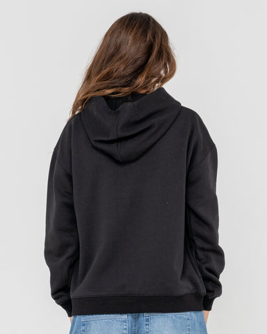 Woman wearing Greetings 2.0 Hood Fleece in Black