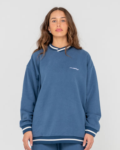 Woman wearing South Oversize Crew Fleece in Blue