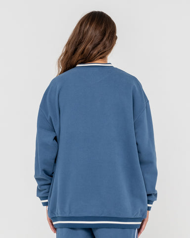 Woman wearing South Oversize Crew Fleece in Blue