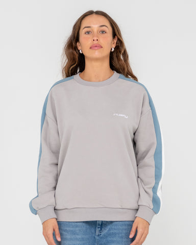 Woman wearing Racing Stripes 2.0 Oversized Crew Fleece in Grey