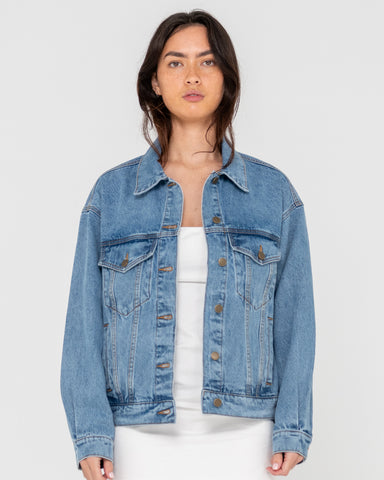 Woman wearing All Time Oversized Denim Jacket in Blue