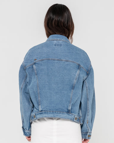 Woman wearing All Time Oversized Denim Jacket in Blue