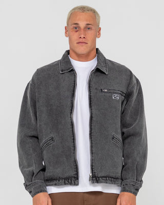 Man wearing Arc Up Denim Jacket in Stone Black