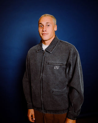 Man wearing Arc Up Denim Jacket in Stone Black