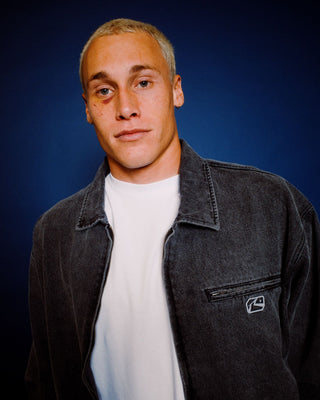 Man wearing Arc Up Denim Jacket in Stone Black