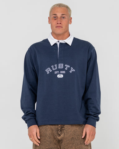 Man wearing Harvard Long Sleeve Rugby in Blue