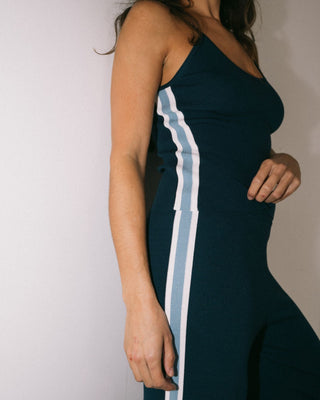 Woman wearing Amelia Stripe Wide Leg Pant in Atlantic Blue