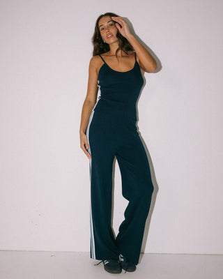 Woman wearing Amelia Stripe Wide Leg Pant in Atlantic Blue