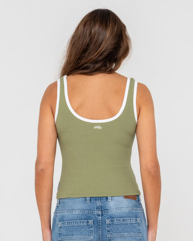 Woman wearing Ringer Ribbed Skimmer Length Tank in Green