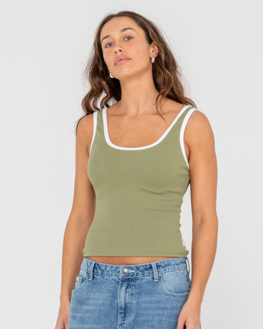 Woman wearing Ringer Ribbed Skimmer Length Tank in Green