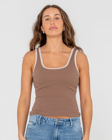 Woman wearing Ringer Ribbed Skimmer Length Tank in Brown