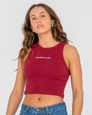 Woman wearing Essentials Ribbed Skimmer Length Tank in Rhubarb