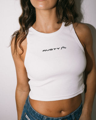 Woman wearing Essentials Ribbed Skimmer Length Tank in White