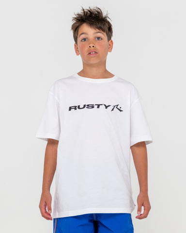 Boy wearing Vital Rusty Tee Boys in White