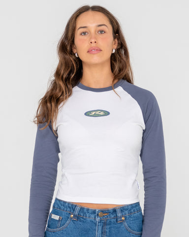 Woman wearing Heritage Long Sleeve Raglan Skimmer Tee in White