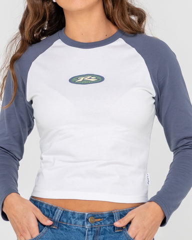 Woman wearing Heritage Long Sleeve Raglan Skimmer Tee in White