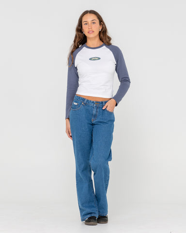 Woman wearing Heritage Long Sleeve Raglan Skimmer Tee in White