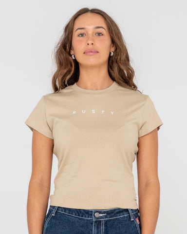 Woman wearing Rusty Core Skimmer Baby Tee in Brown