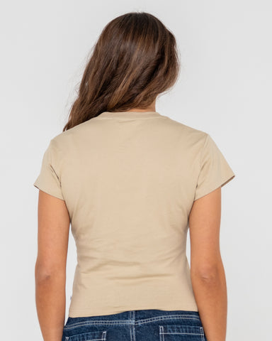 Woman wearing Rusty Core Skimmer Baby Tee in Brown