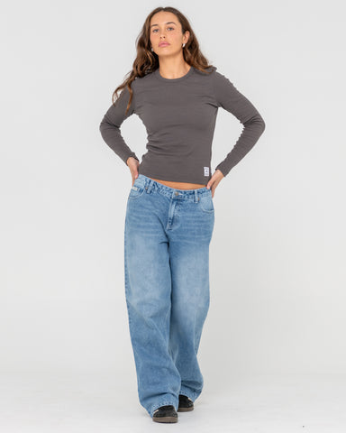 Woman wearing Rusty Essentials Ribbed Long Sleeve Tee in Grey