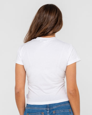 Woman wearing Greetings 2.0 Skimmer Baby Tee in White