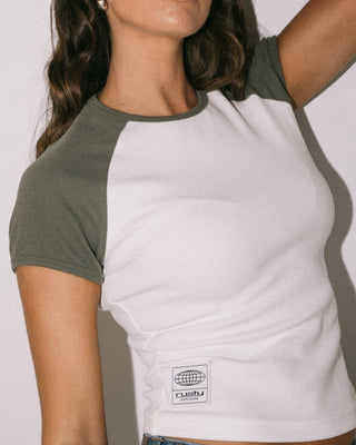 Woman wearing R2K Raglan Skimmer Tee in White