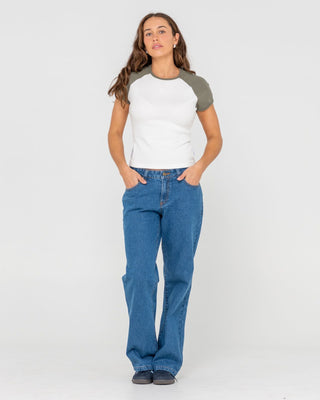 Woman wearing R2K Raglan Skimmer Tee in White