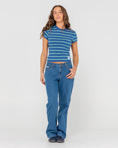 Woman wearing Inspectah Deck Skimmer Tee in Blue